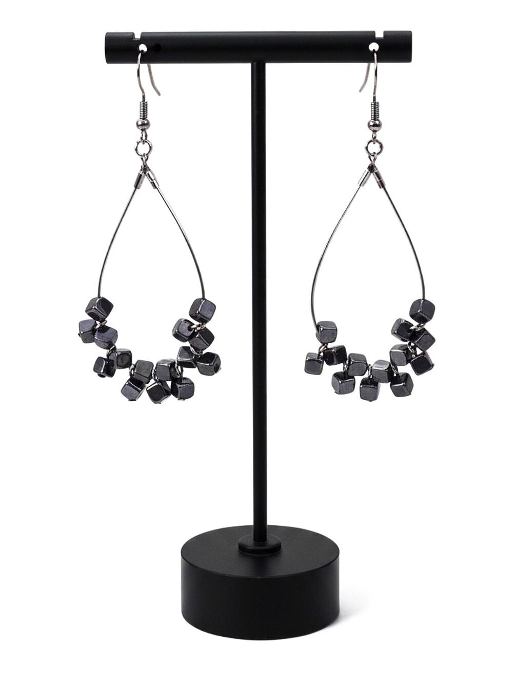 Gunmetal Grey Silver Metal Square Bead Teardrop Earrings Hook